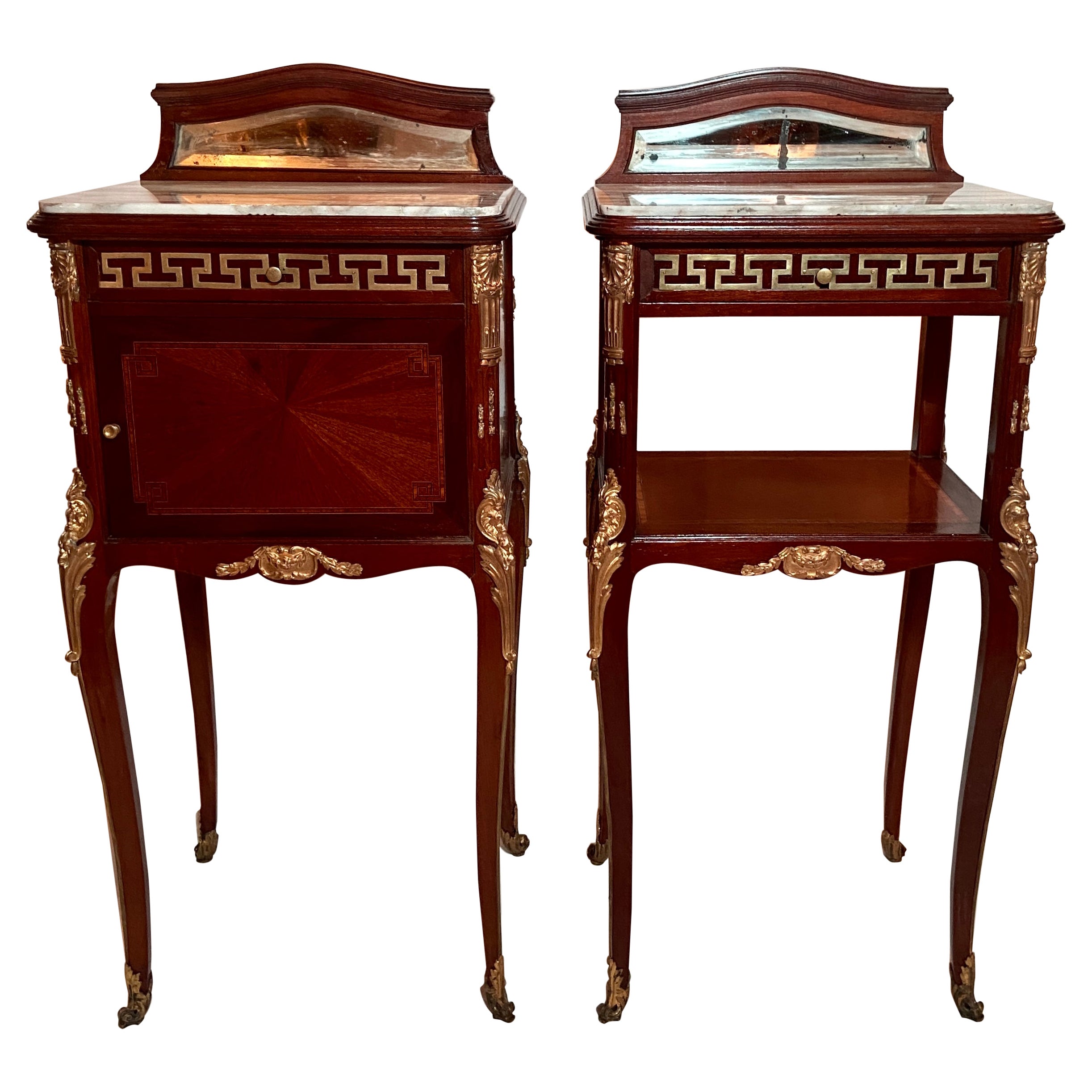 Pair Antique French Bronze D' Ore & Marble Top Mahogany Nightstand Tables C 1890
