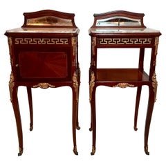 Pair Antique French Bronze D' Ore & Marble Top Mahogany Nightstand Tables C 1890