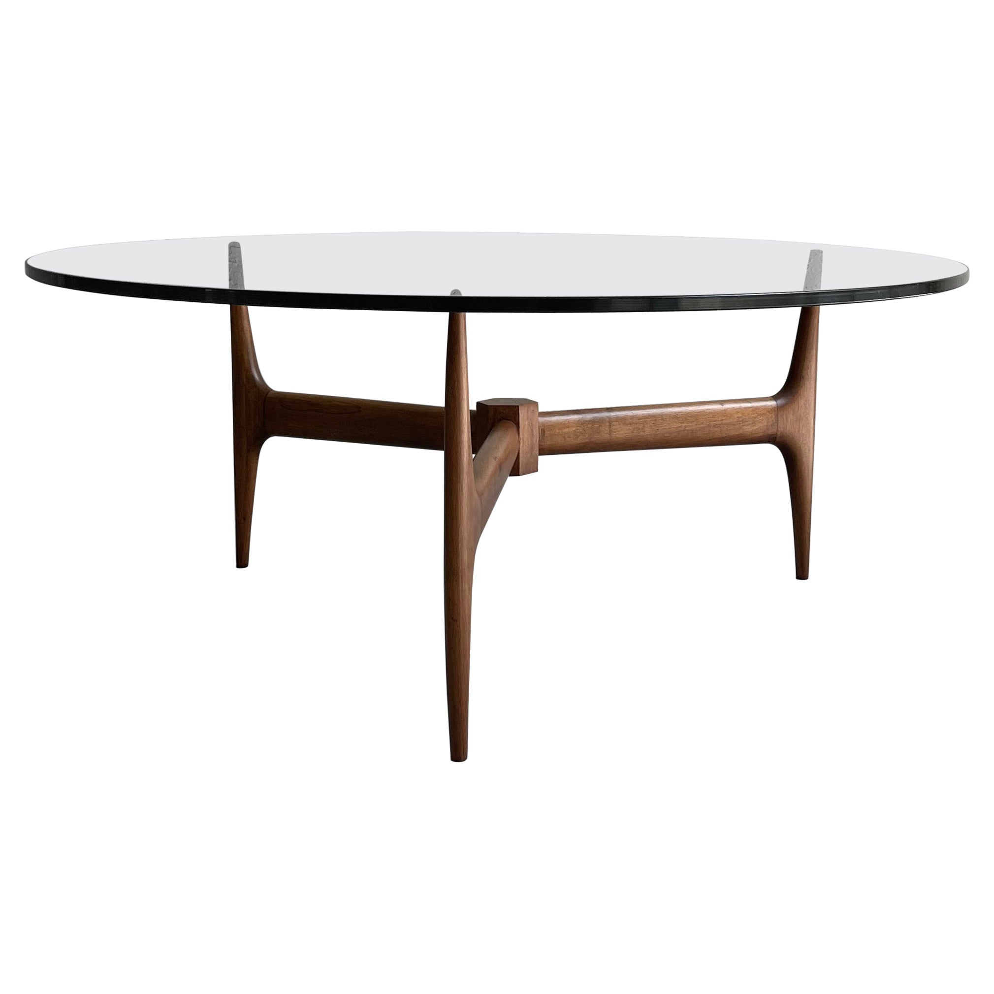 Mid-Century Modern Round Glass Coffee Table Walnut Base