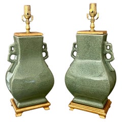 Vintage Pair of Chinese Celadon Green Porcelain Table Lamps