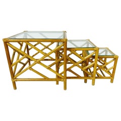1980s Chinoiserie Bamboo Rattan Nesting Tables, Set of 3