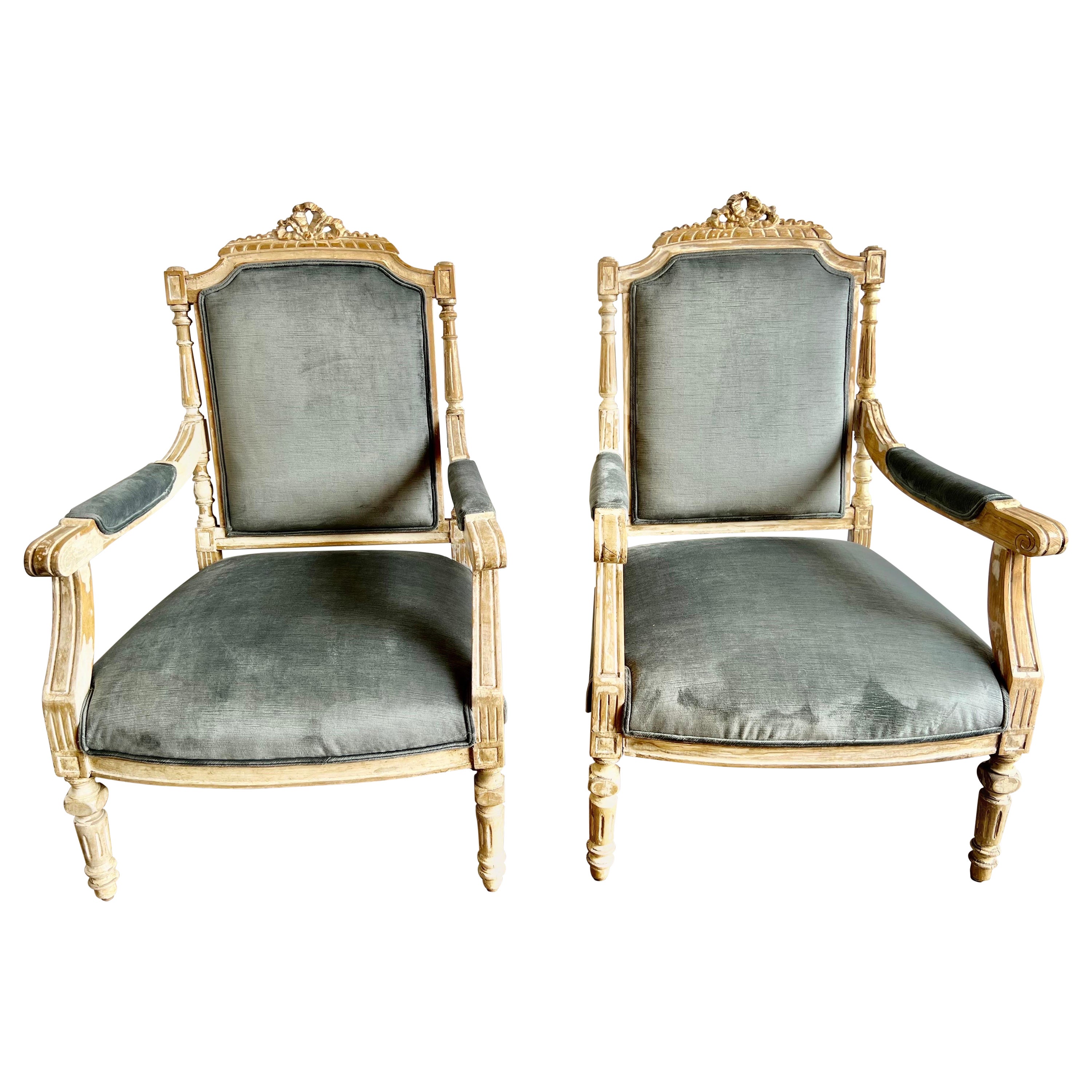 Pair of Louis XVI Style Armchairs Blue Pine Velvet For Sale at 1stDibs
