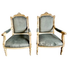 Pair of French Blue Louis XVI Style Velvet Armchairs