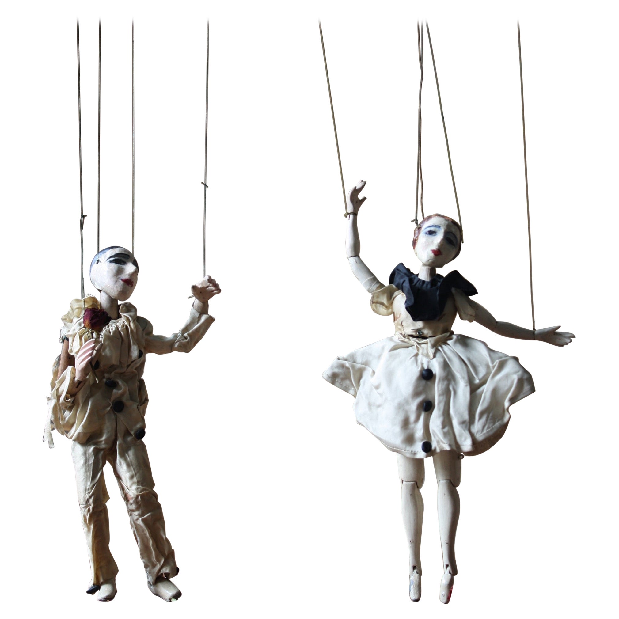 20th Century Folk Art John Carr's Jacquard Puppets Marionette Pierrot & Pierette For Sale