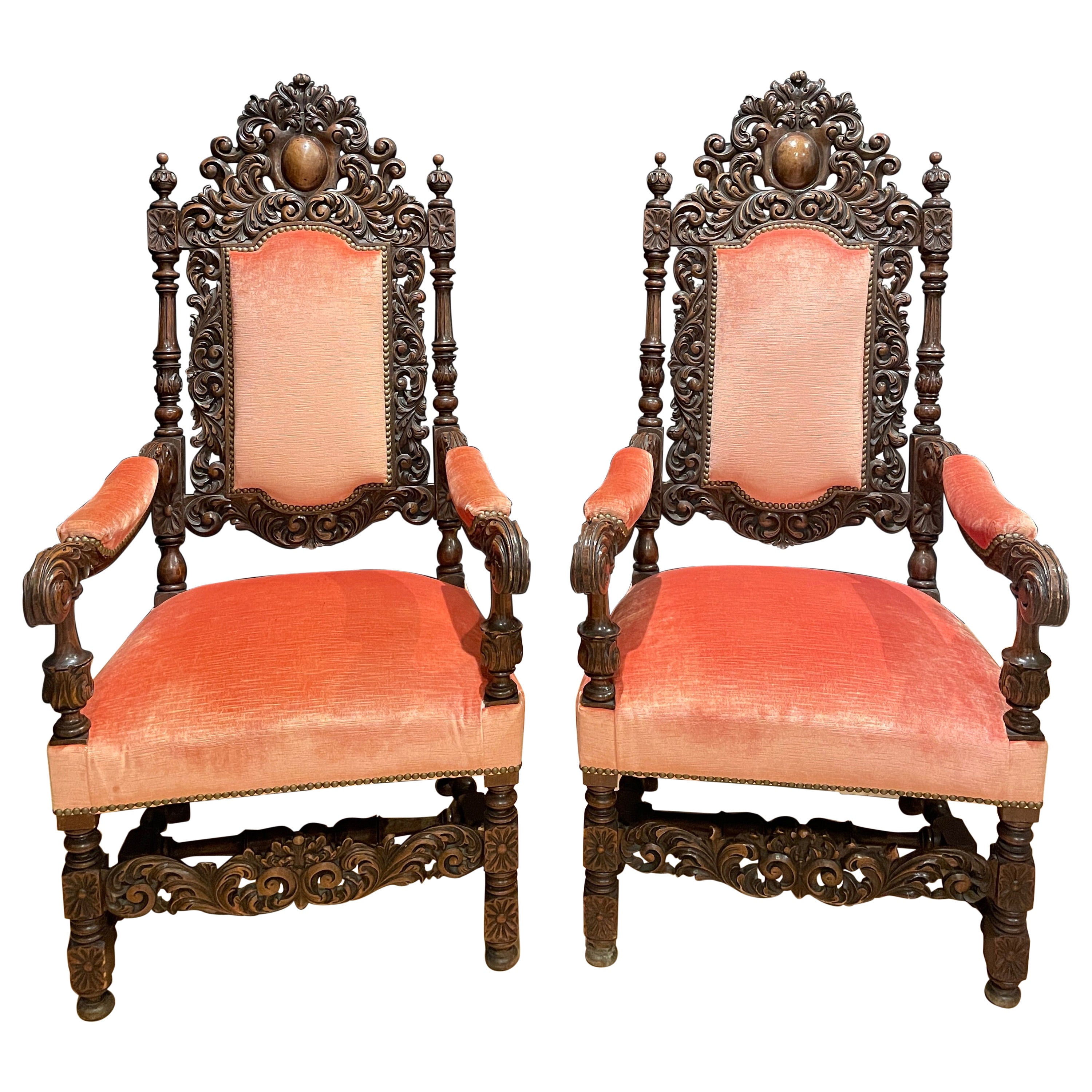 Antique Pair of Carved Walnut Rococo Throne Chairs For Sale