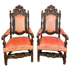 Vintage Pair of Carved Walnut Rococo Throne Chairs