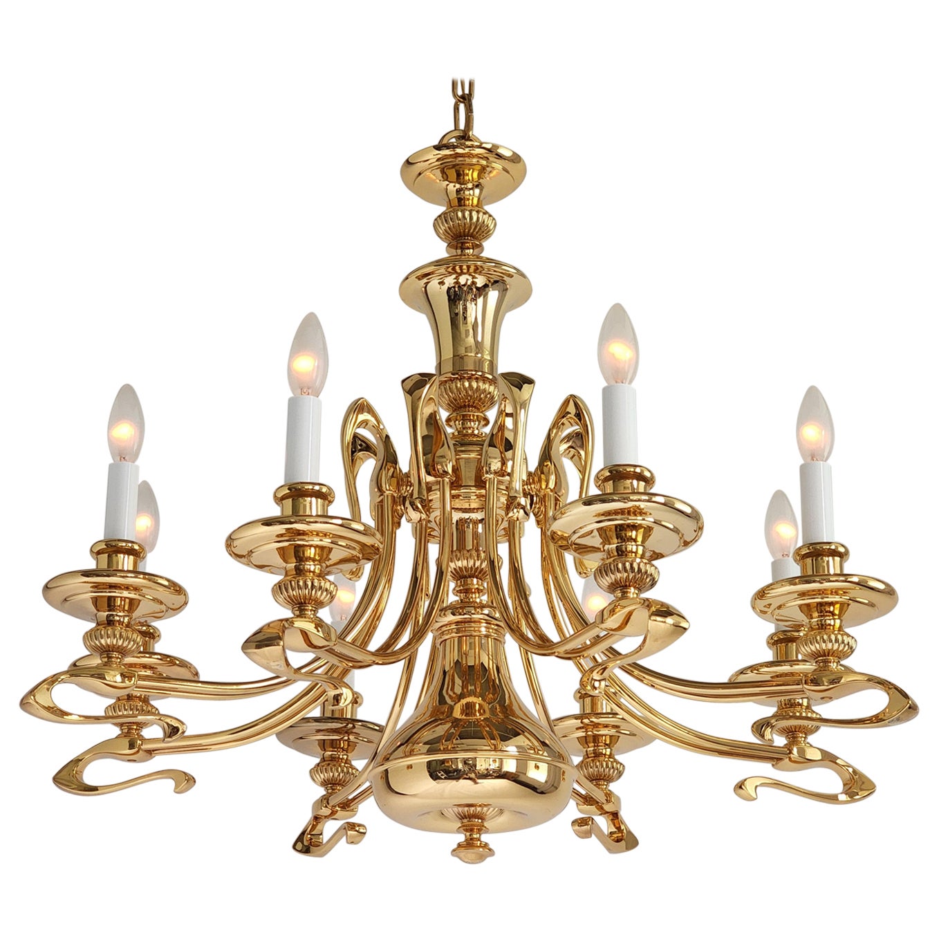 1980s Massive Art Nouveau Style Gold Plated Chandelier, Italy For Sale