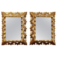 Antique Pair of Italian Style Giltwood Frame Mirrored Insets Mirror, Circa 1940s