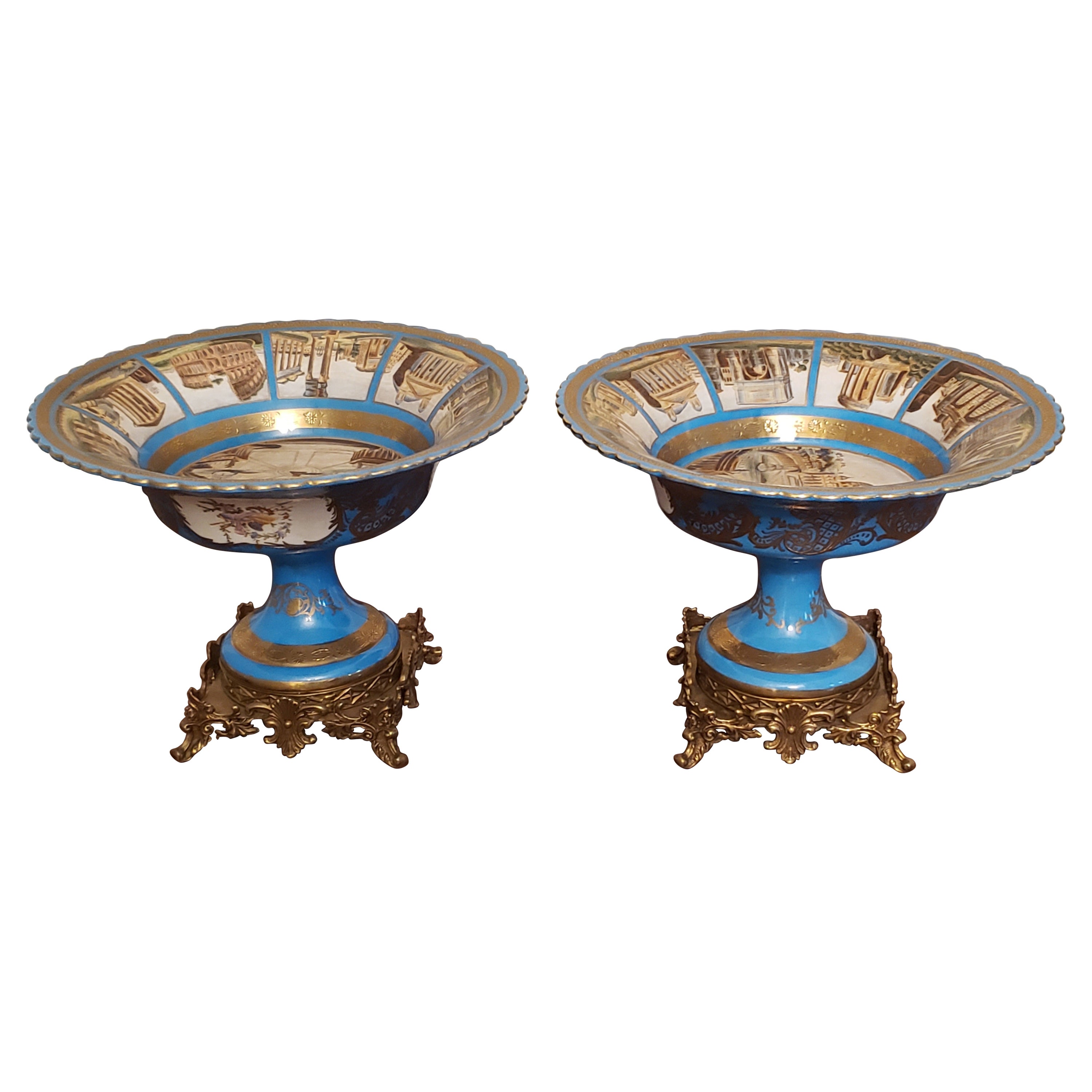 Pair of Sevres Patinated Metal Mounted Blue Celeste Roman Compotes, 1870s For Sale