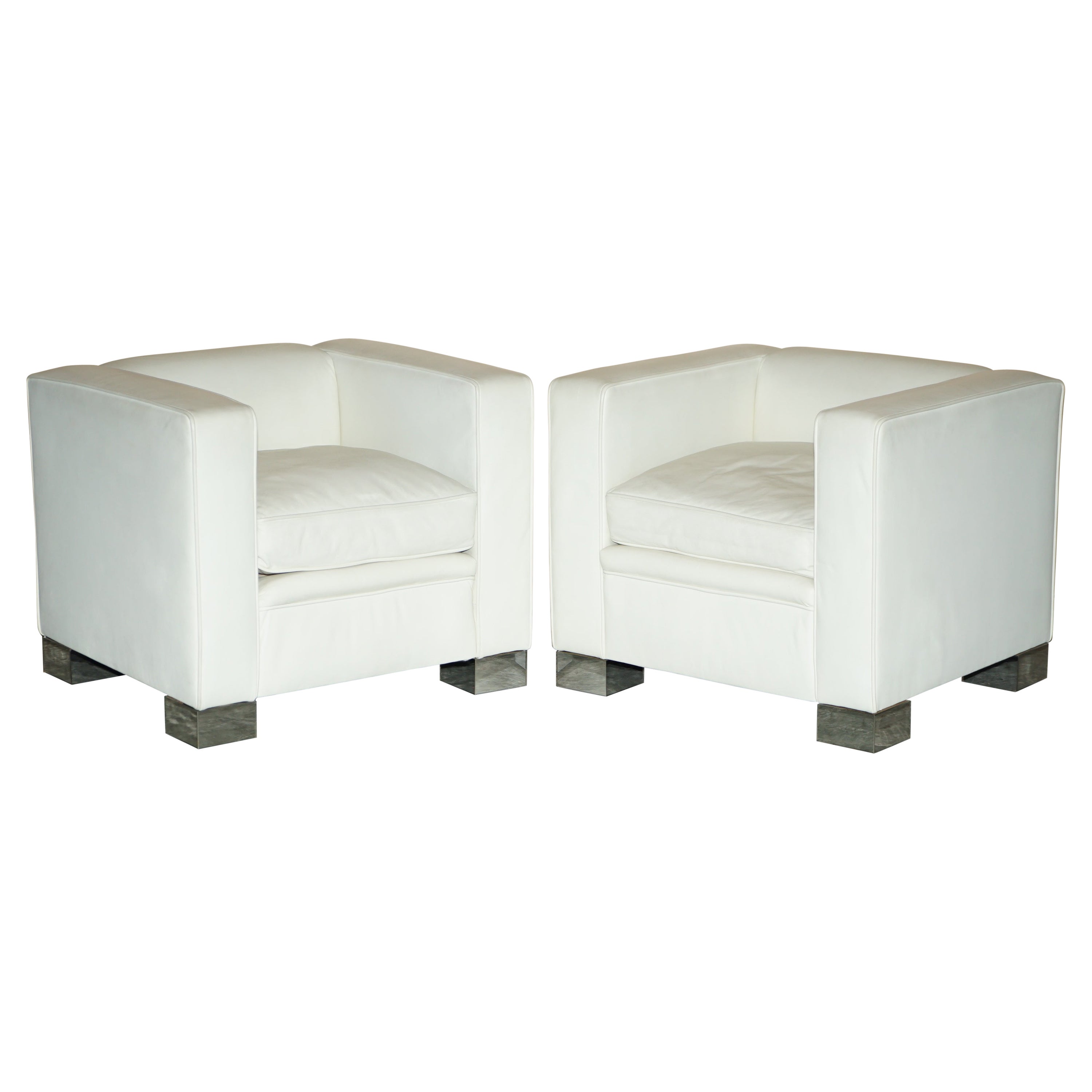 Pair of Viscount David Linley Ivory White Leather Max Club Armchairs For Sale