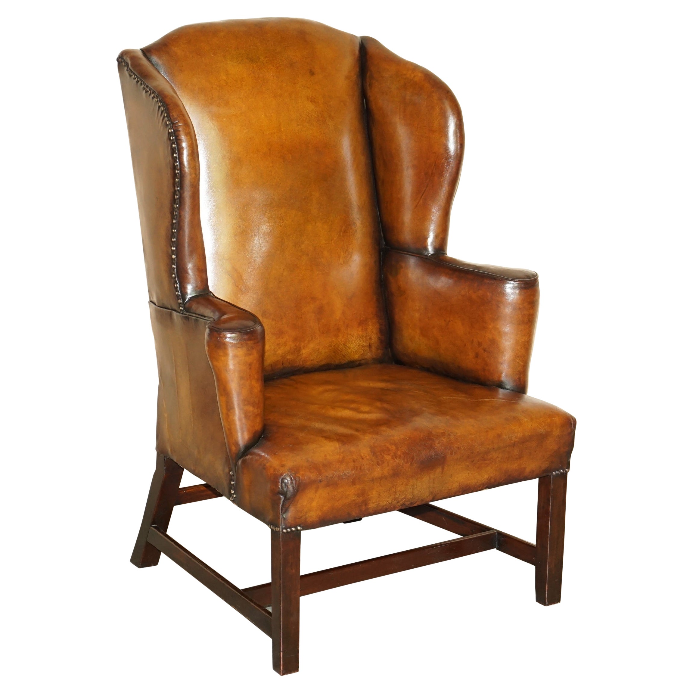 Antique Restored George II Period circa 1760 Wingback Brown Leather Armchair For Sale