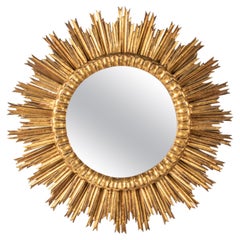 Large Mid-Century Modern Wood Carved Gilt Sunburst Mirror