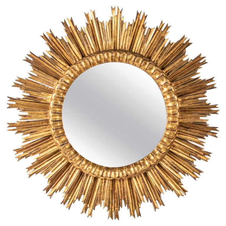Grand miroir mural rond stéréo 3D en métal décoratif en forme de soleil sculpté à la main avec cadre en métal pour salle de bain, salon, chambre à coucher, 60 cm