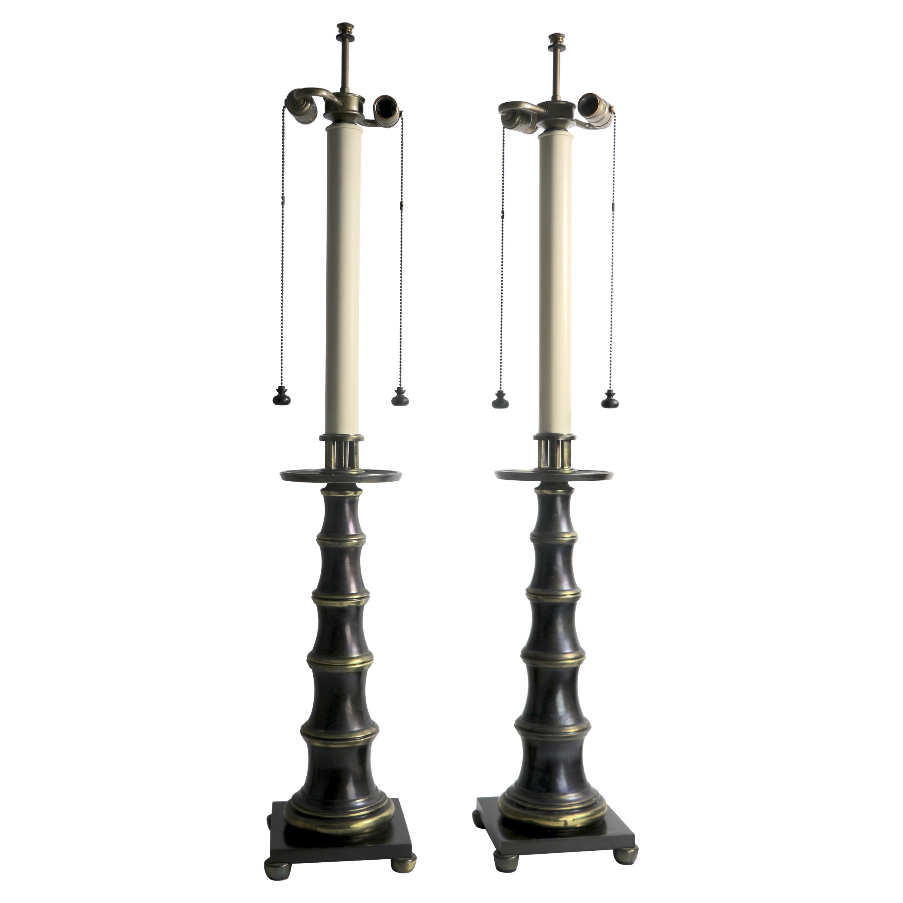 Pr. Faux Bamboo Brass Table Lamps by Stiffel