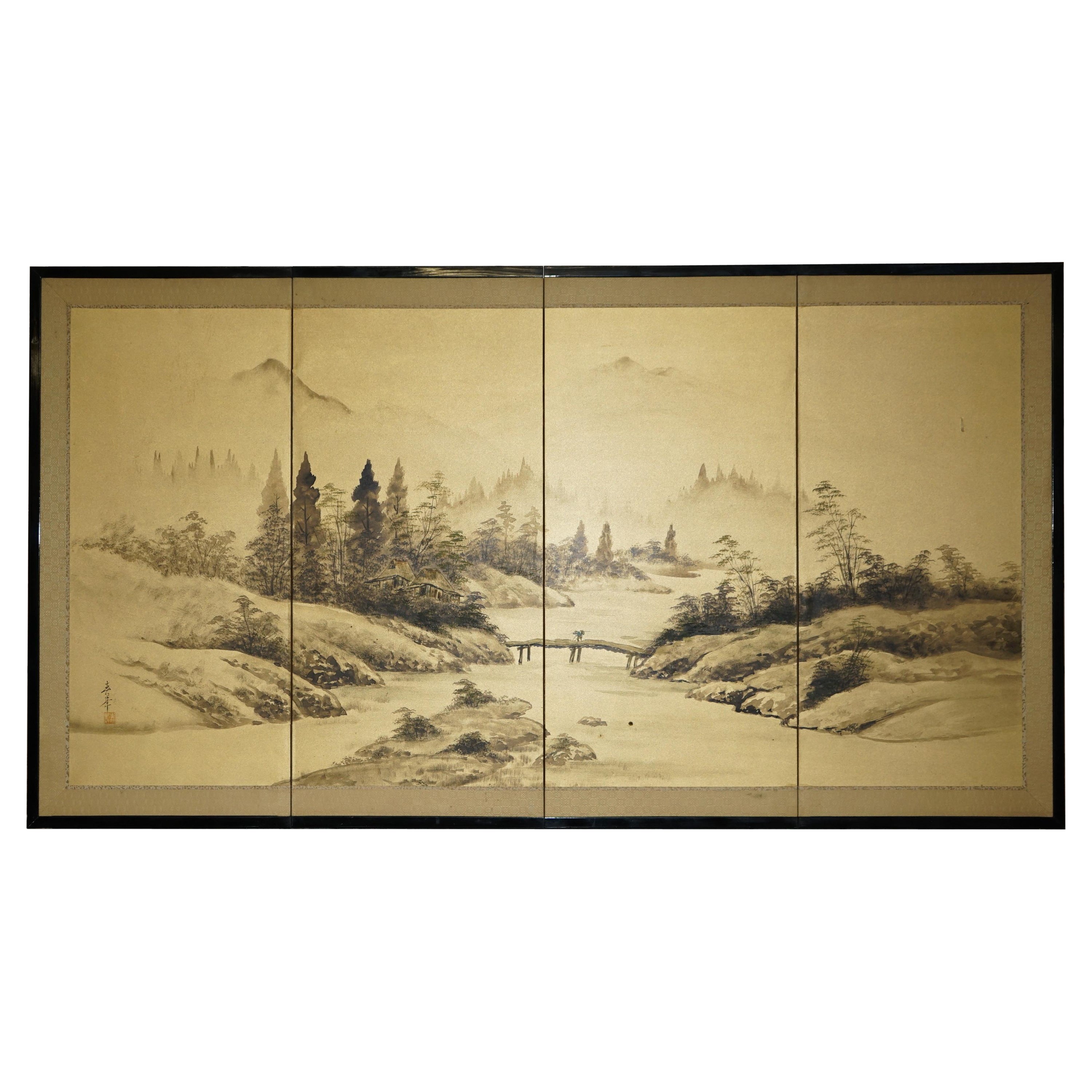 Stunning Signed Antique Japanese Watercolour Folding Screen / Wall Hanging