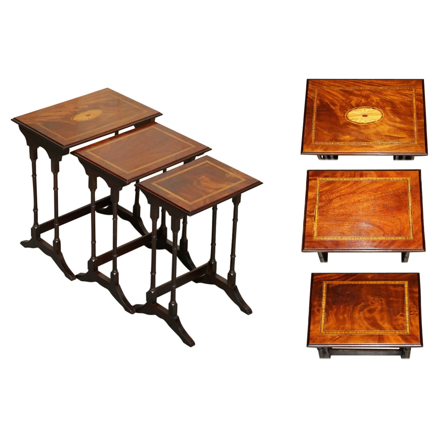 Lovely Vintage Sheraton Revival Famboo Nest of Tables in Hardwood & Satinwood For Sale