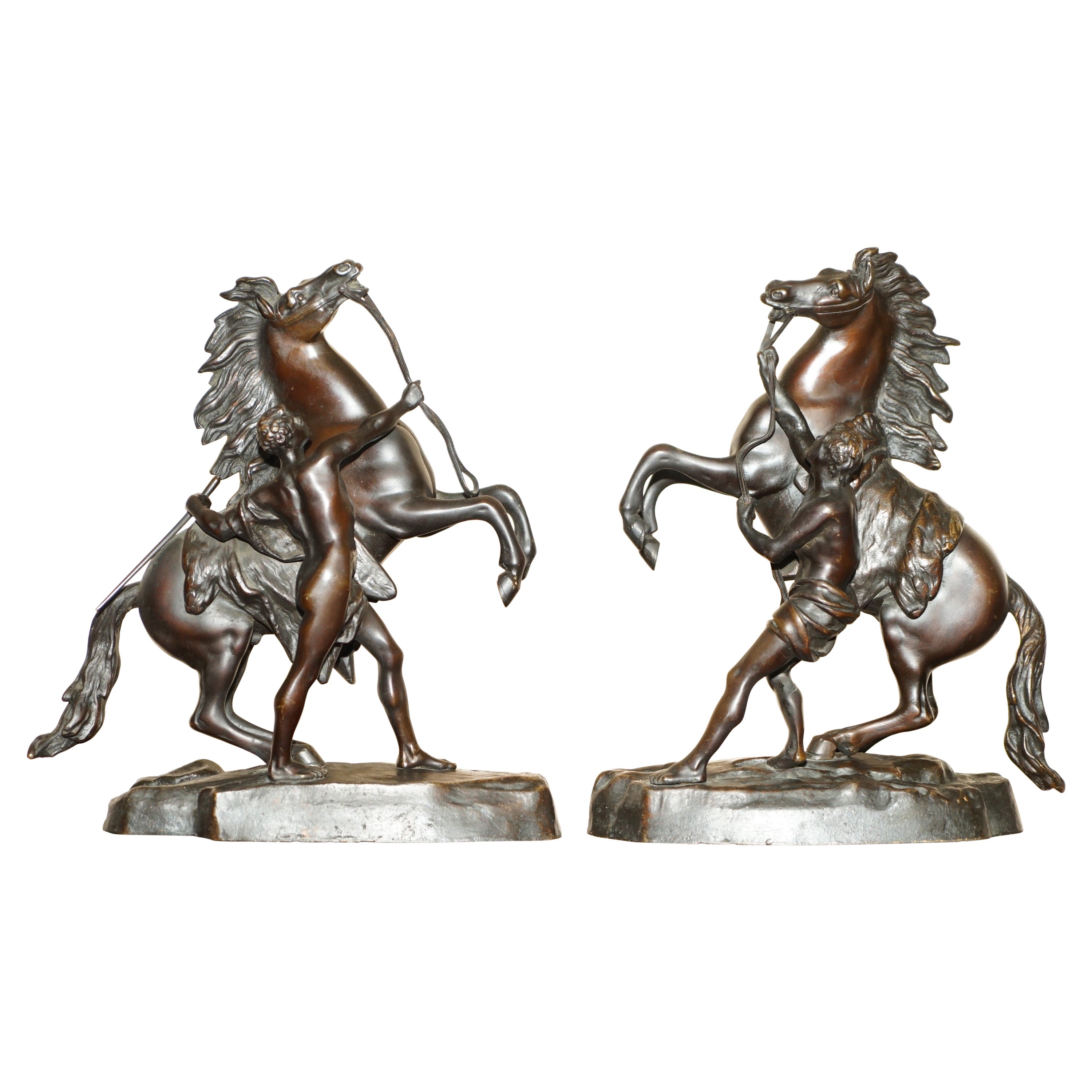 Pair of Antique Bronze Guillaume Coustou Marly Horses Statues as Seen the Louvre For Sale