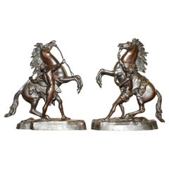 Pair of Antique Bronze Guillaume Coustou Marly Horses Statues as Seen the Louvre