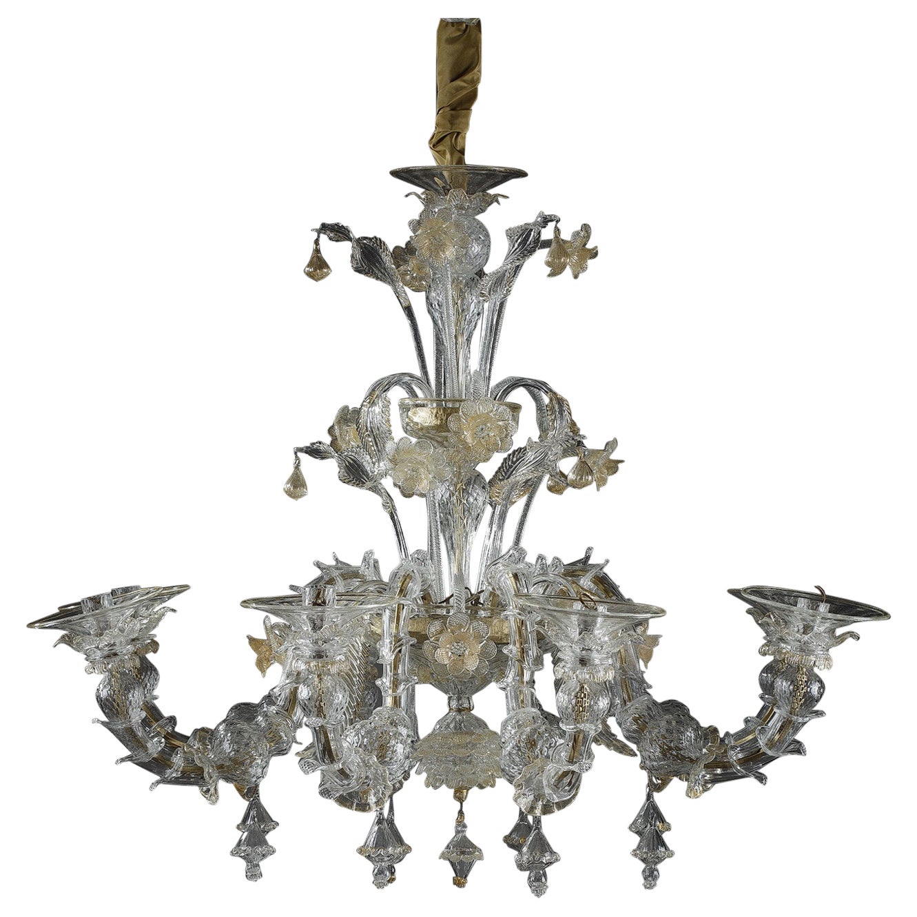 Large Murano Glass Chandelier Decorated with Gold