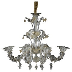 Used Large Murano Glass Chandelier Decorated with Gold