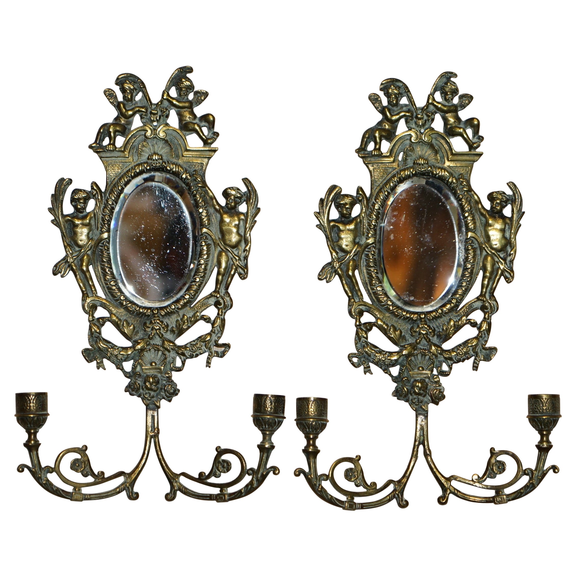 Pair of Antique French Rococo Cherub Brass Girandole Mirrors Candelabra Sconces