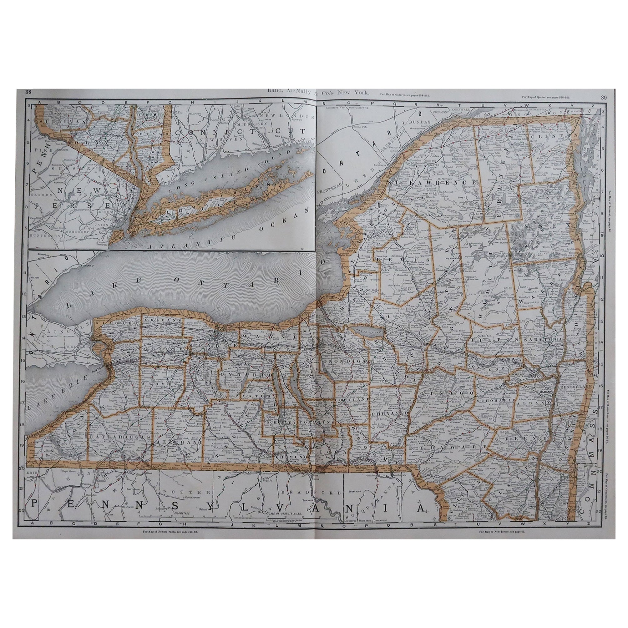 Large Original Antique Map of New York, USA, 1894
