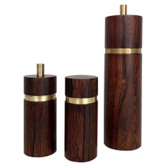 Set of Three Sven Petersen Pepper Mill & Salt Shaker Rosewood Brass SAAP Denmark