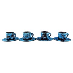 Retro French Ceramist, Four Small Coffee Mugs with Saucers in Glazed Stoneware