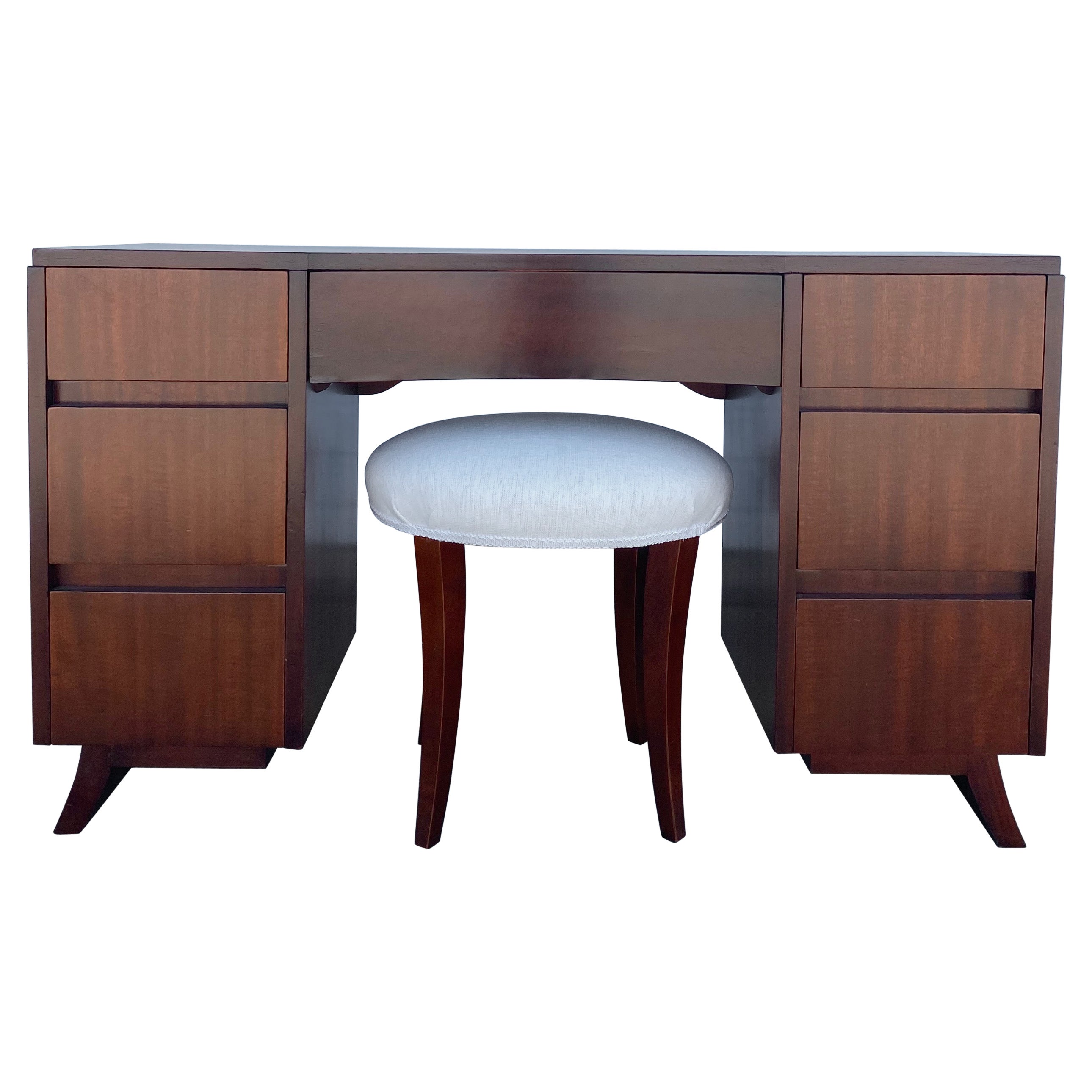 Mid-Century Modern Mahogany Vanity Desk with Stool by RWAY Furniture Co