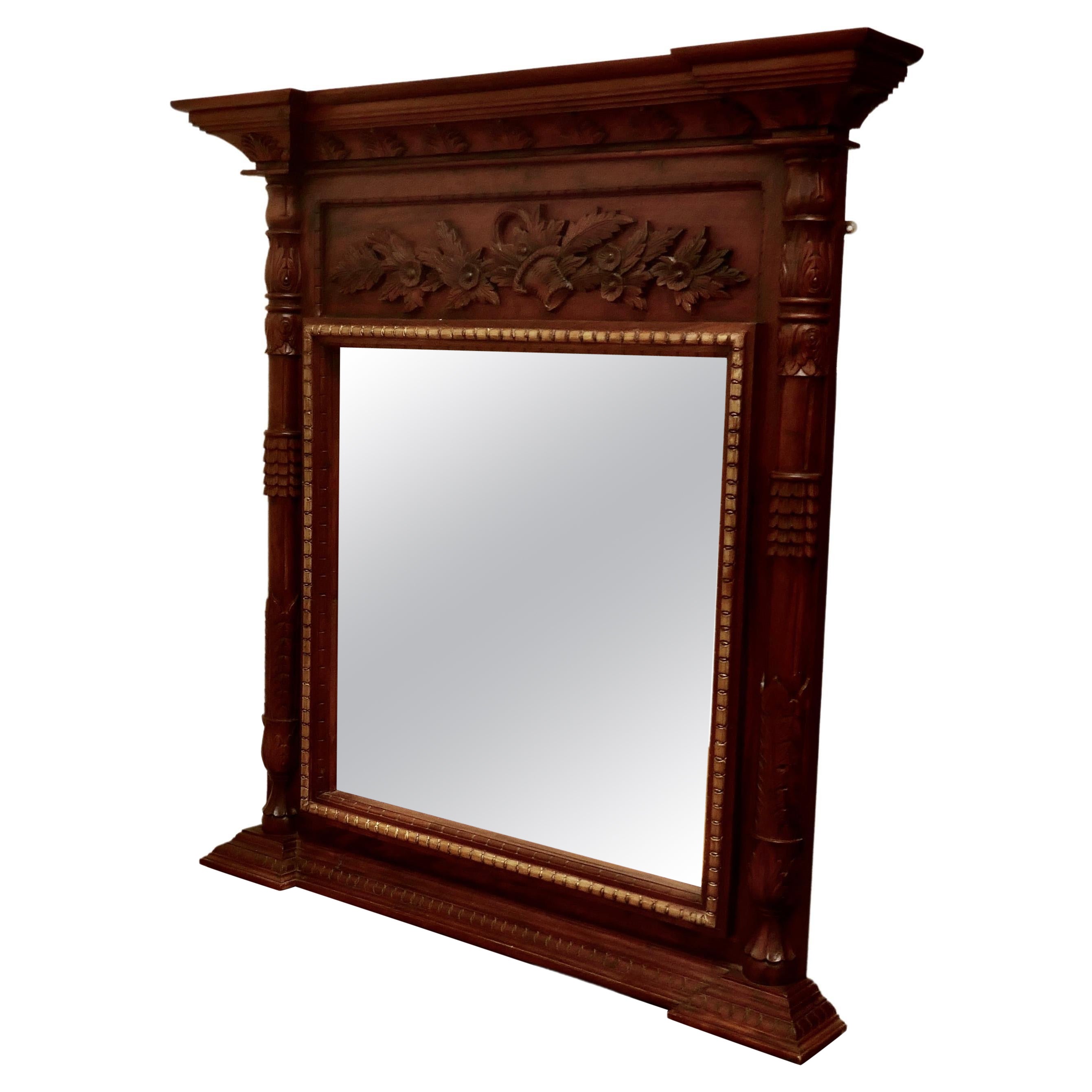 Very Large Carved Fruitwood Overmantel or Wall Mirror