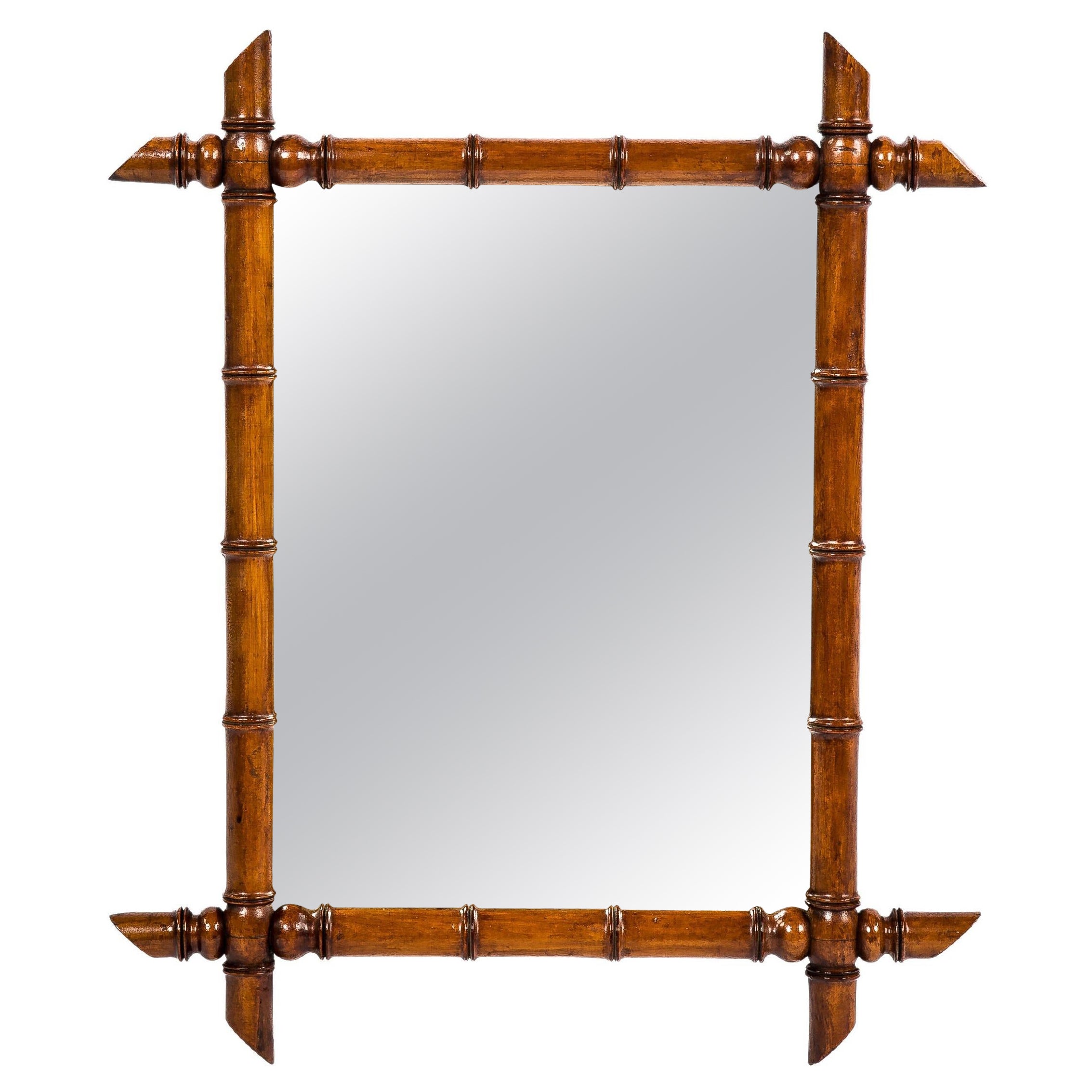 Antique French Faux Bamboo Wall Mirror in Beechwood with Original Glass For Sale