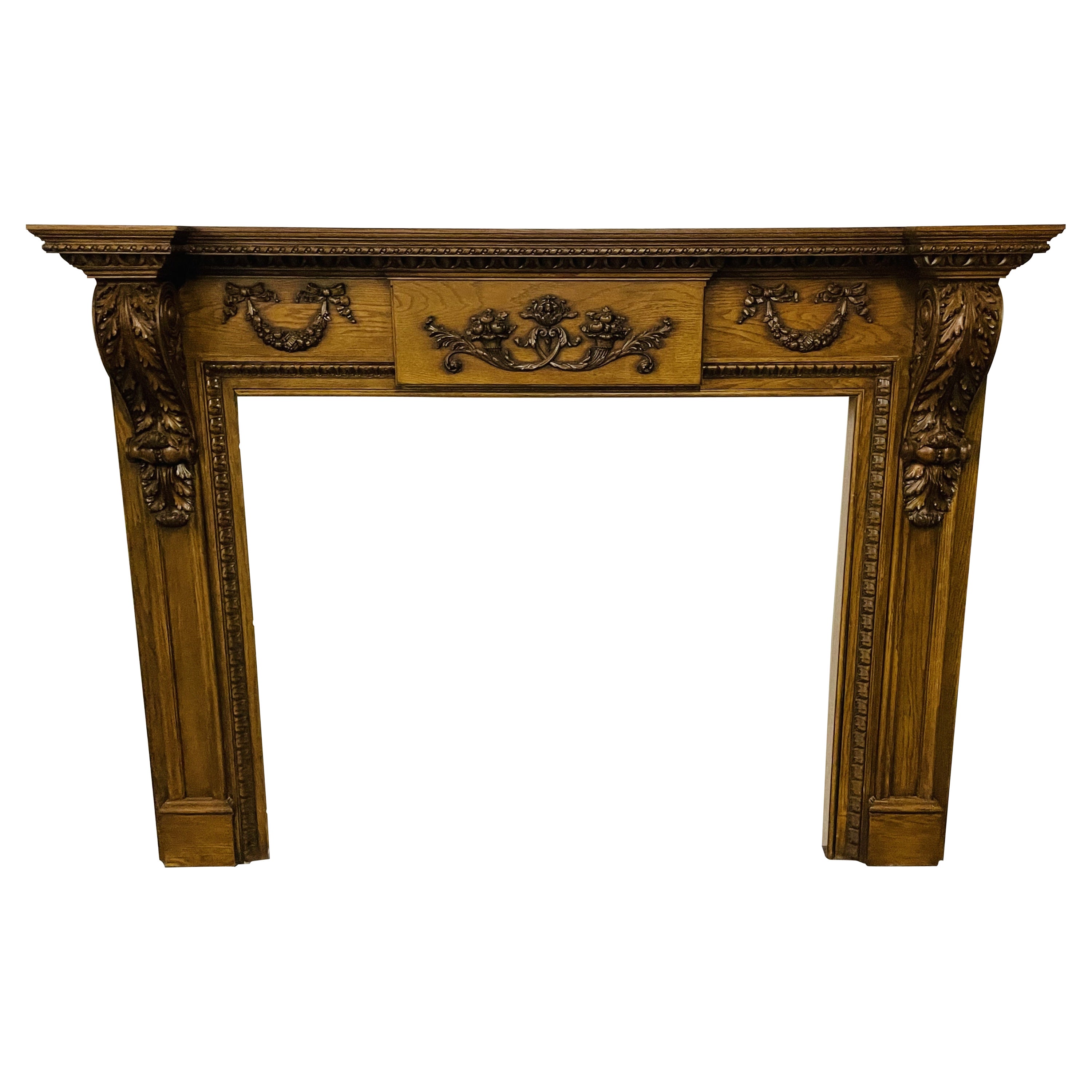 Louis XVI Style Carved Mantle, Fireplace Surround, Solid Wood Carved, Oak For Sale