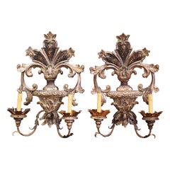 Pair of Mid-Century Italian Carved and Iron Silver Leaf Wall Sconces  
