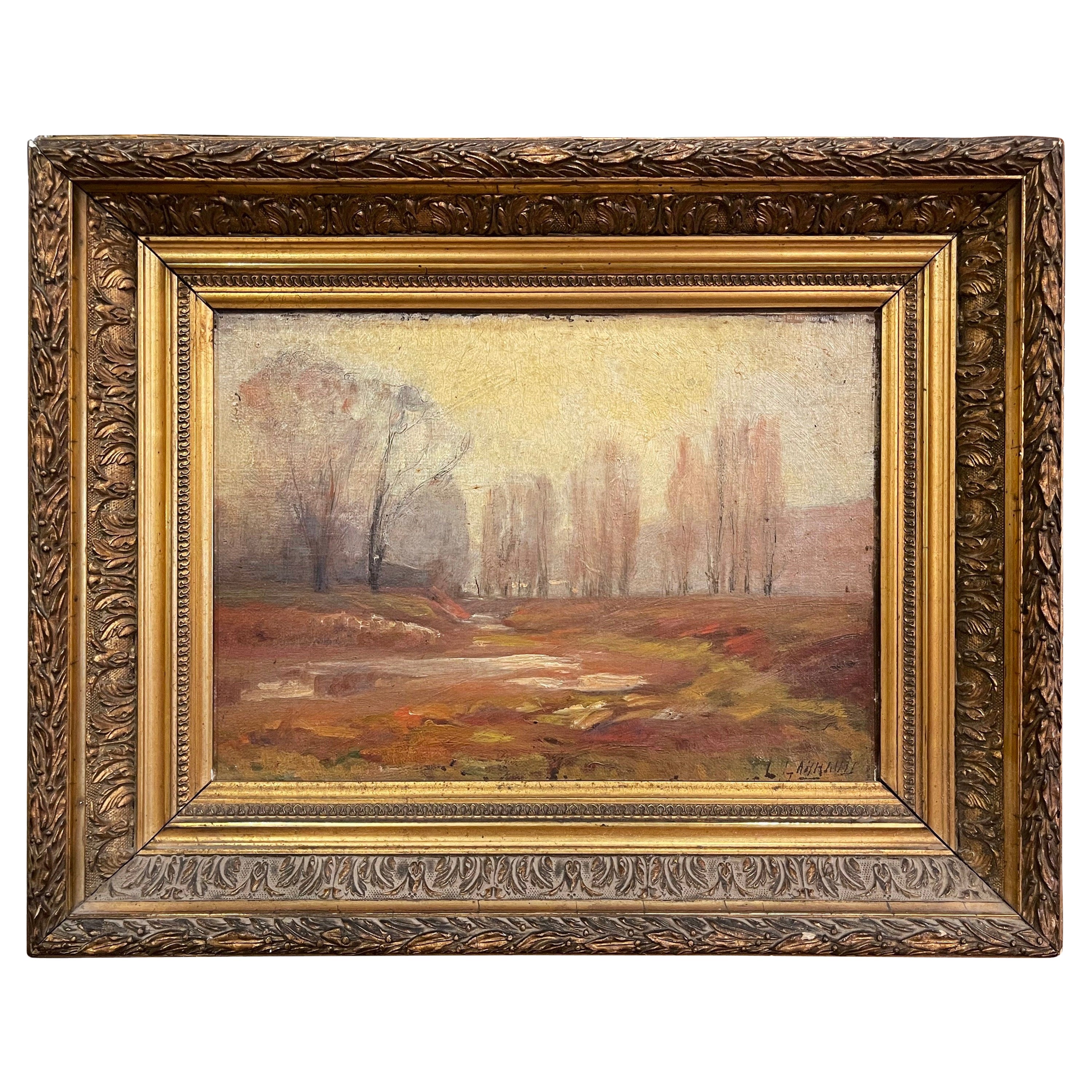 Peinture de paysage française du 19ème siècle à l'huile sur panneau, signée, dans un cadre sculpté et doré en vente