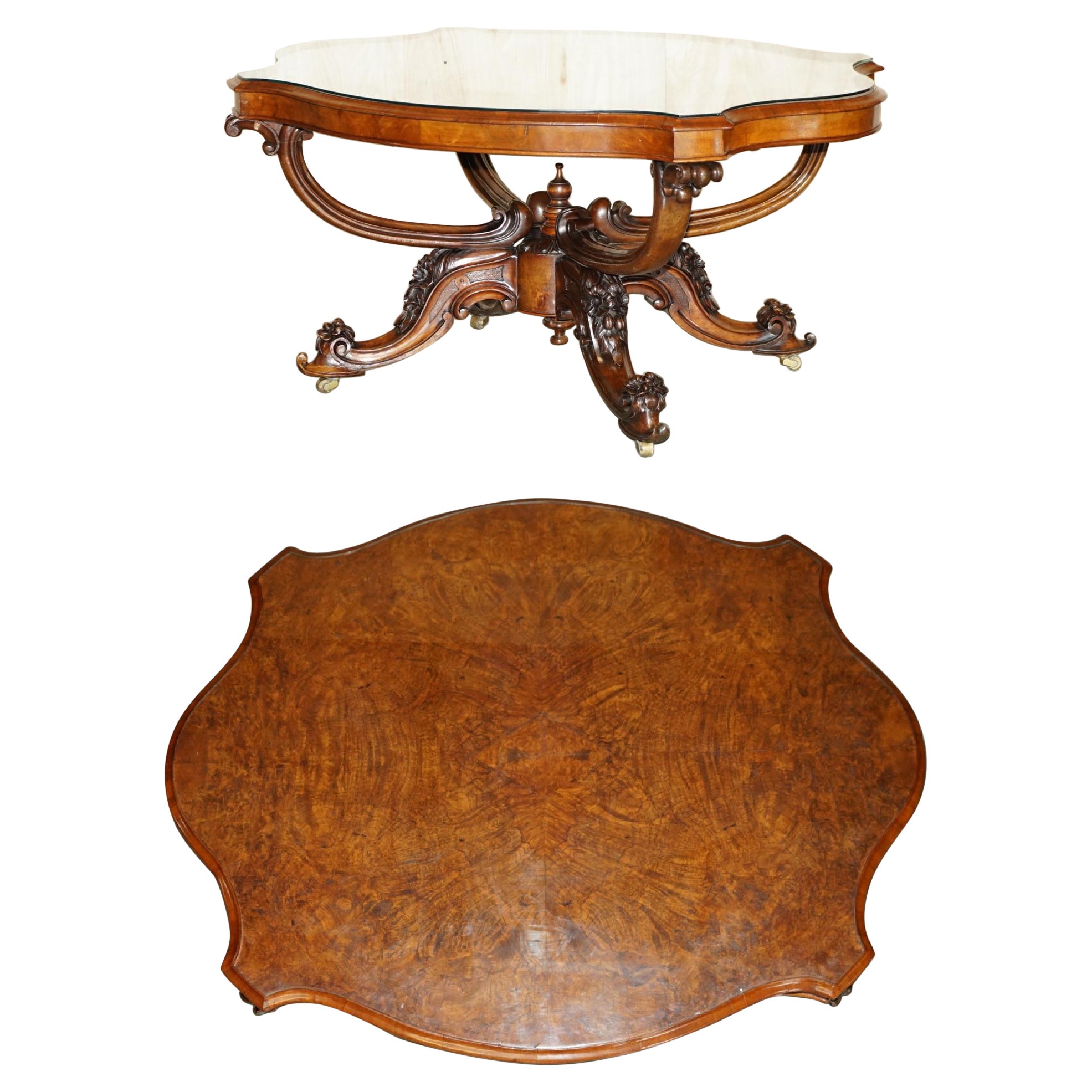Very Fine circa 1860 Antique Victorian Ornately Carved Centre Burr Walnut Table For Sale