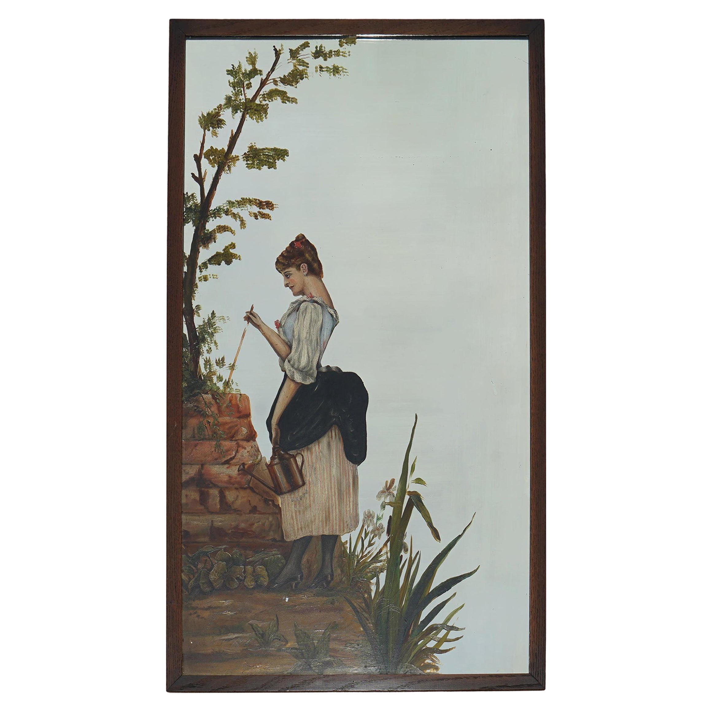 Antique Victorian Hand Painted Wall Hanging Mirror Depicting Elegant Lady For Sale