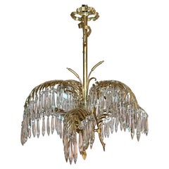 Antique French Gold Bronze and Cut Crystal Palm Chandelier, circa 1890