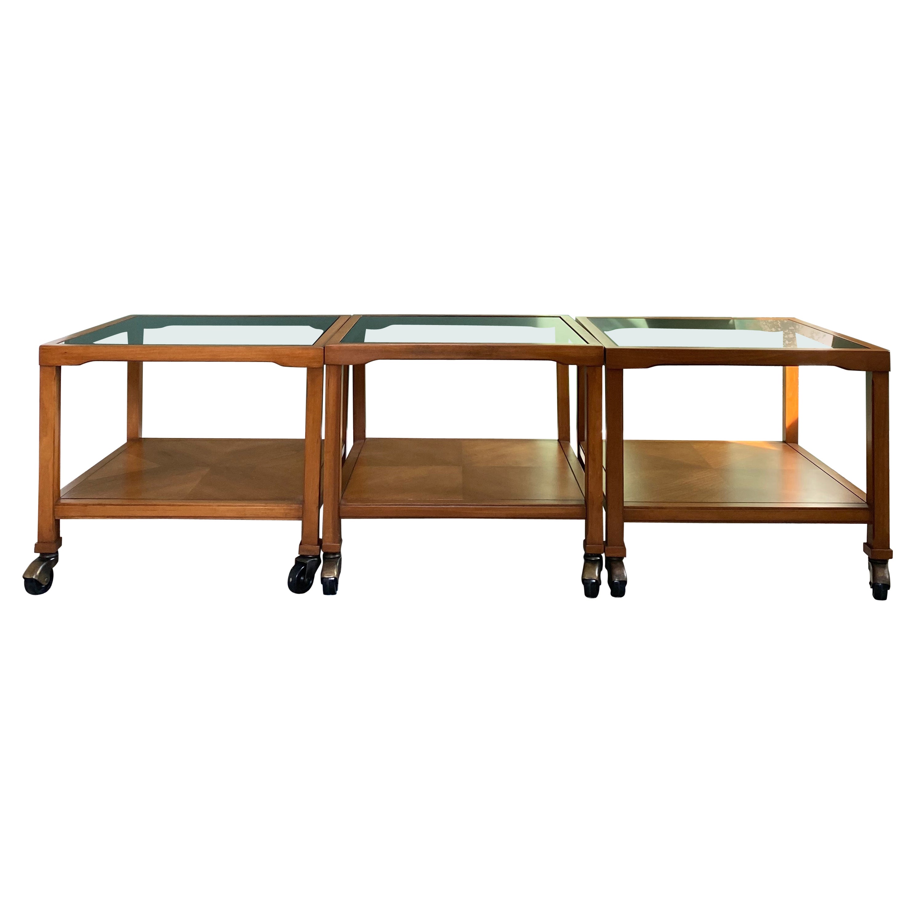 Set of 3 Drexel "Et Cetera" Side Tables With Tinted Glass Top & Casters For Sale