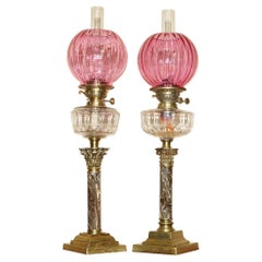 Pair of Marble Finish Corinthian Pillar Victorian Oil Lamps Original Ruby Glass