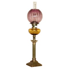 Anitique Corinthian Pillar Base Victorian Oil Lamp Original Amber & Ruby Glass