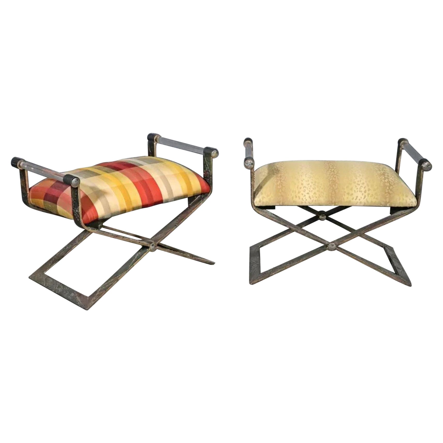 2 Mid-Century Modern Paul Evans Style X Benches, Lucite Armrests, Chrome Accents