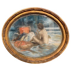 Early 20th Century French Nude Pastel in Carved Giltwood Oval Frame