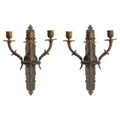Pair French Empire Period Brass and Enameled 3-Light Sconces, Eary 19th Cen.