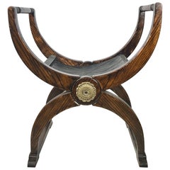 Vintage Savonarola Style Folding Oak Bench With Arms