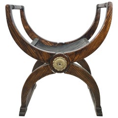 Banc pliant vintage en chêne de style Savonarola avec accoudoirs