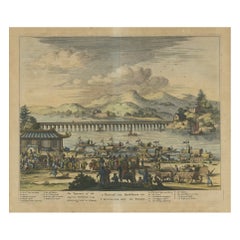 Gravure originale en cuivre représentant des marchands néerlandais se promenant en Chine, ca. 700 