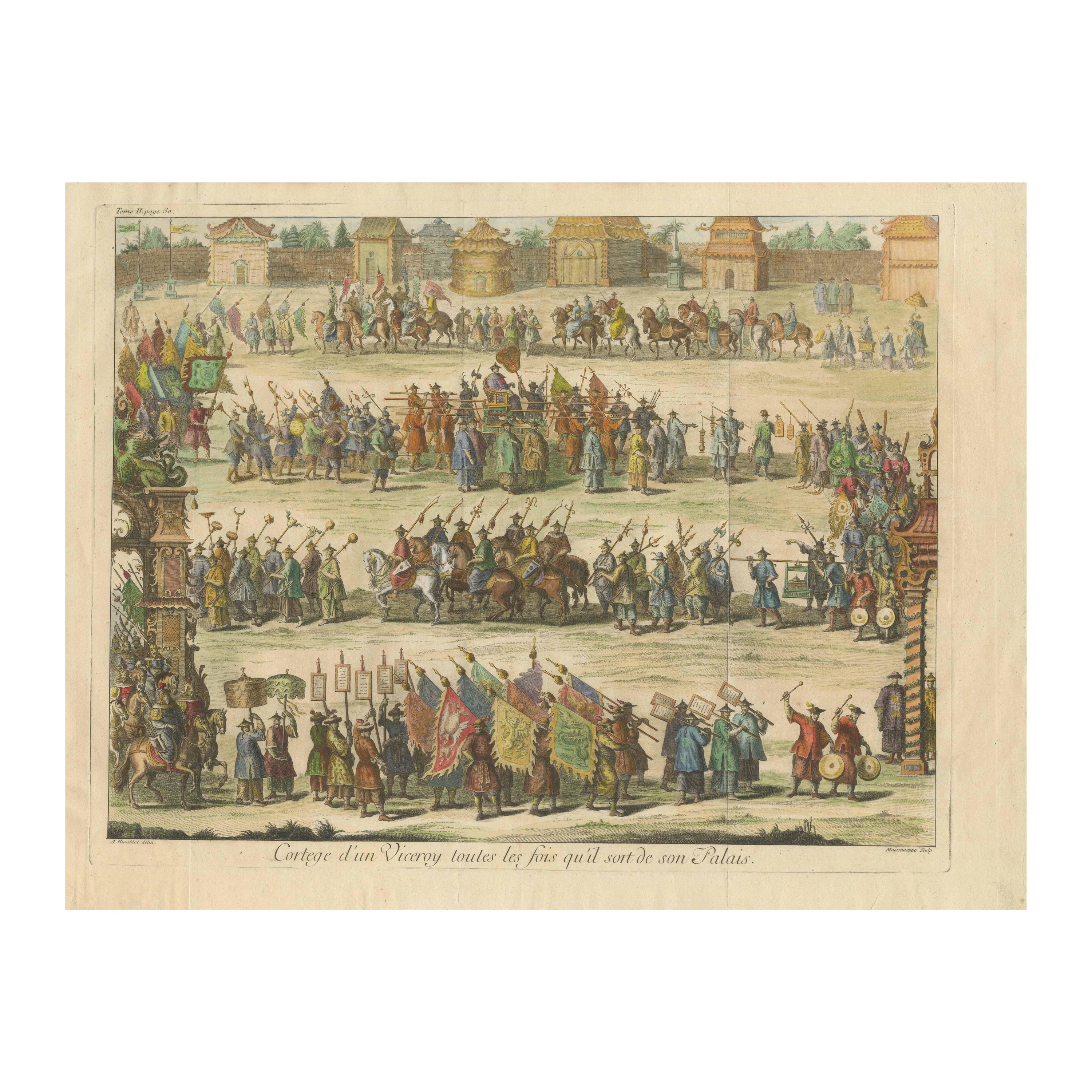 Old Original Copper Engraving Depicting a Viceroy with Entourage in China, 1735 For Sale