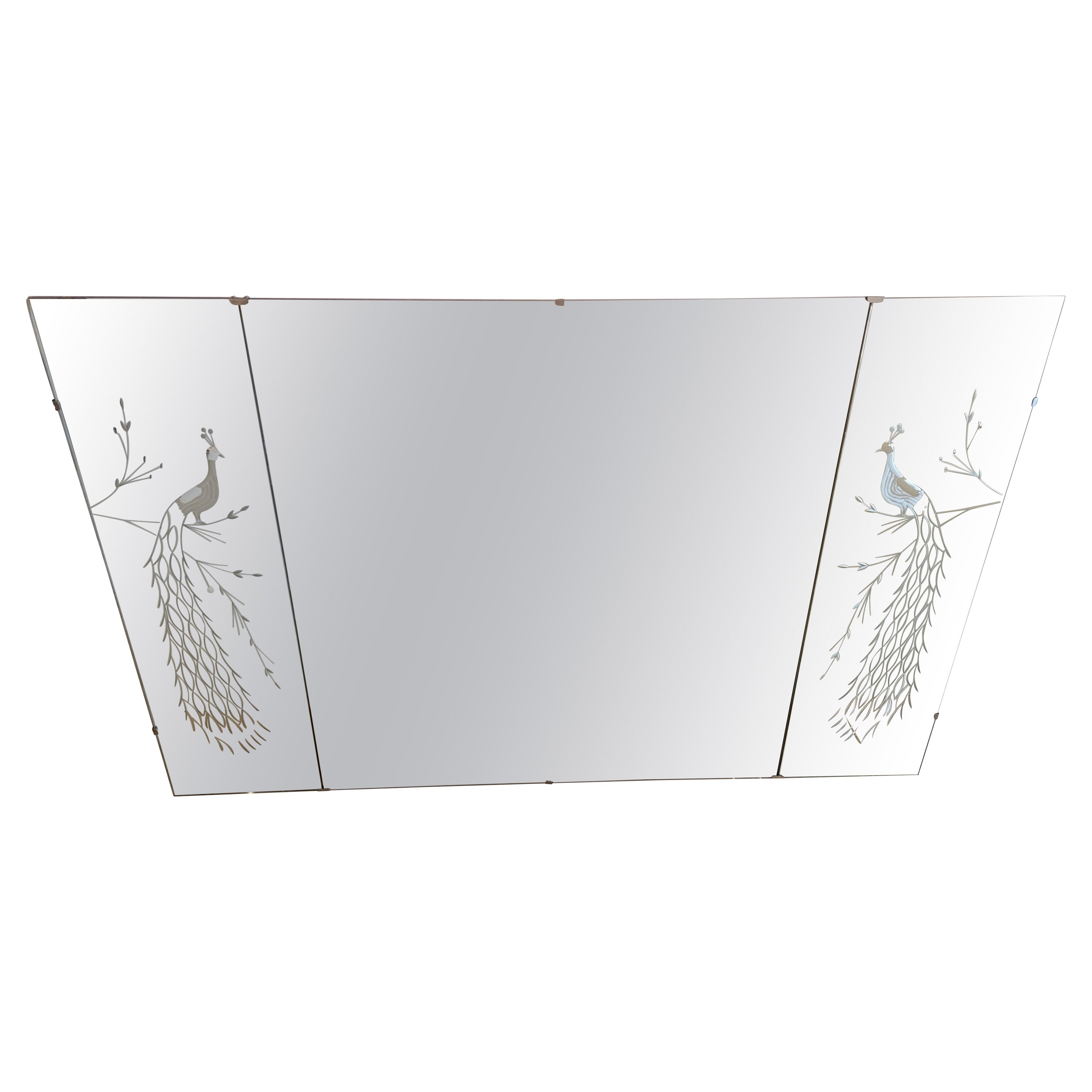 Monumental et charmant miroir horizontal à 3 panneaux avec paons gravés en vente
