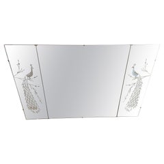 Monumental & Lovely Vintage 3 Panel Horizontal Mirror with Etched Peacocks