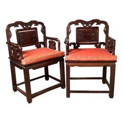 Antique Pair of Early 20th Century Hand Carved Chinese Chairs